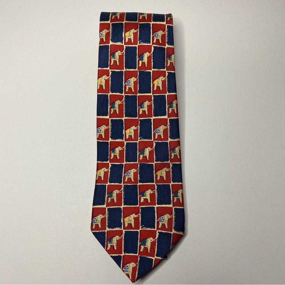 Michelsons of London Necktie Red Blue Check Elephant Print Pure Silk